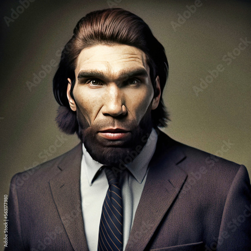 Portrait of a Neanderthal businessman wearing a suit - Generative AI photo