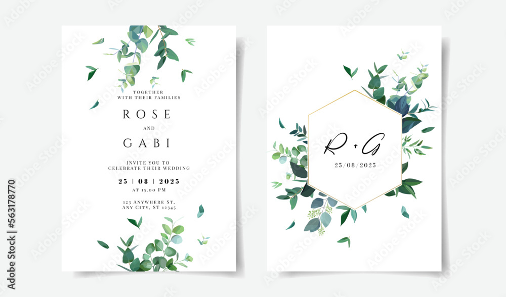 wedding invitation card set template design with greenery leaf and branch