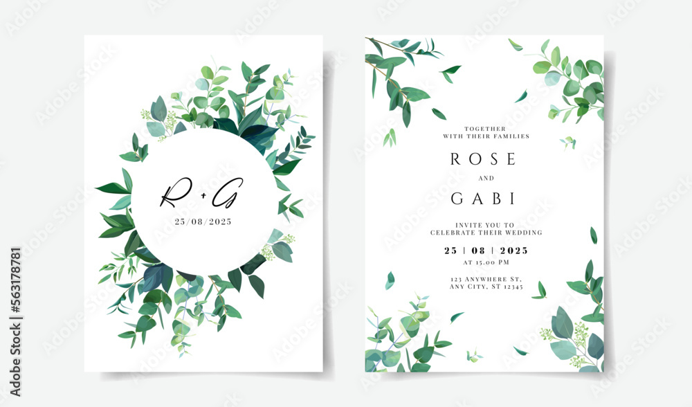 wedding invitation card set template design with greenery leaf and branch