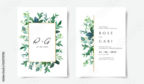 wedding invitation card set template design with greenery leaf and branch