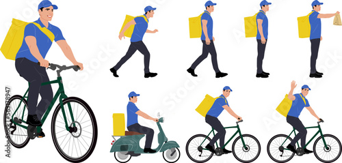 Set of hand-drawn delivery guy riding a bicycle and scooter. Delivery man with a package in different poses. Vector flat style illustration isolated on white. Full-length view