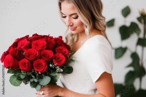 Beautiful woman with red roses. Gift with love. Beautiful smiling girl holding a large bouquet of red roses on a black background. Beautiful woman with bouquet of red roses.