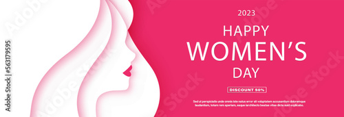 8 March International Women's Day Vector Illustration Concept. Paper Cutout Girl Face on pink background. 8 march vector illustration. Template for UI, Web, Banner, or Greeting Card. Place for text