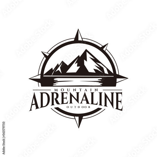 Compass Mountain Lake Logo Adventure Symbol Badge Design Vector illustration 