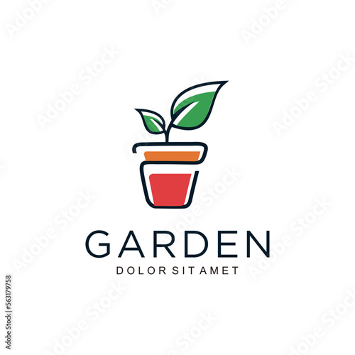 Flower pot and plant logo Growth line art vector illustration of garden