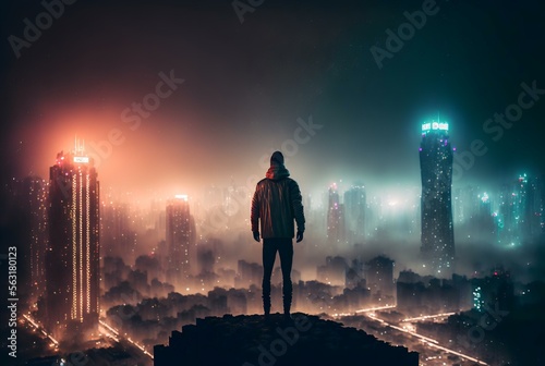 lone figure standing on the rooftop of a crumbling skyscraper, looking out at the city lights through a smog-filled sky (AI Generated)