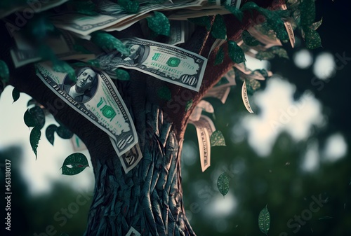 close-up of a tree with dollar bills cascading down from its branches, symbolising financial growth and abundance (AI Generated) photo