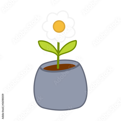  cute blue potted flower illustration with one beautiful daisy, hand drawn cute flower in a pot illustration