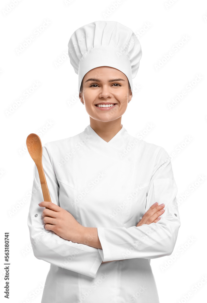 Happy female chef with wooden spoon on white background Happy female chef with wooden spoon on white background