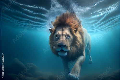 A lion diving in the ocean. Generative AI