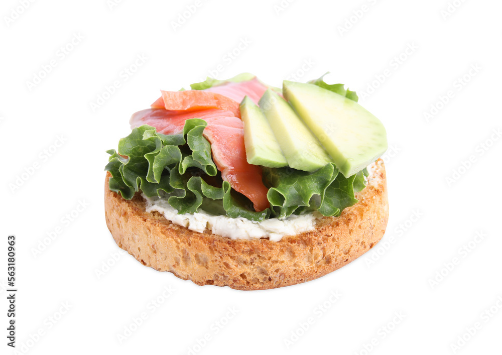 Tasty rusk with salmon, cream cheese and avocado isolated on white