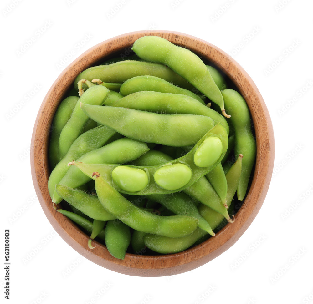 Bowl with green edamame pods on white background, top view Bowl with green edamame pods on white background, top view