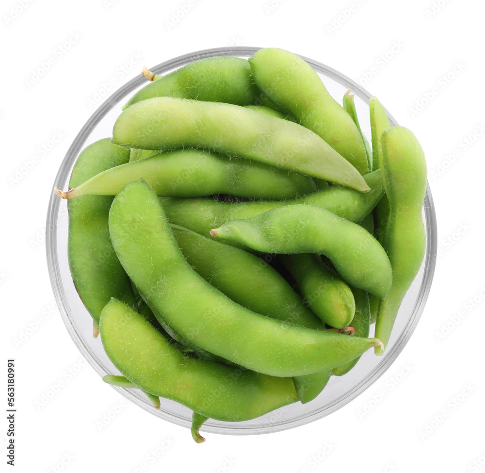 Bowl with green edamame pods on white background, top view Bowl with green edamame pods on white background, top view