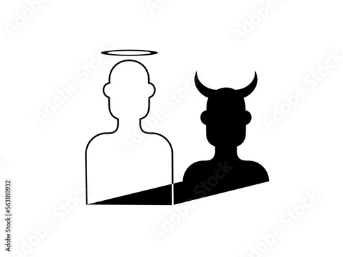 The sinner pretends to be a saint. Conceptual flat black and white vector illustration.