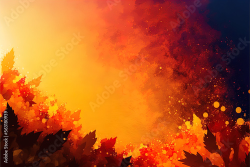 An orange, red, pinkish, and yellowish autumn-colored leaves abstract background illustration with space for design added, great for use in webpage design.