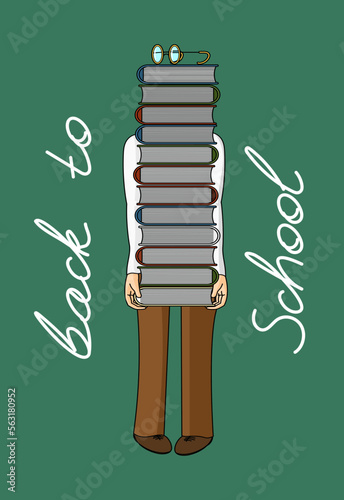 Back to school postcard with a man holding a huge stack of textbooks and books.