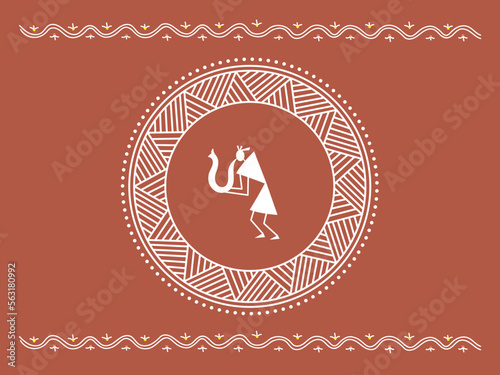 Traditional Indian ornament  and trumpeters. Sora art of idittals or warli painting.