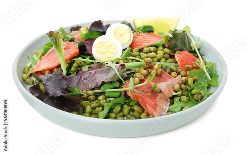 Plate of salad with mung beans isolated on white