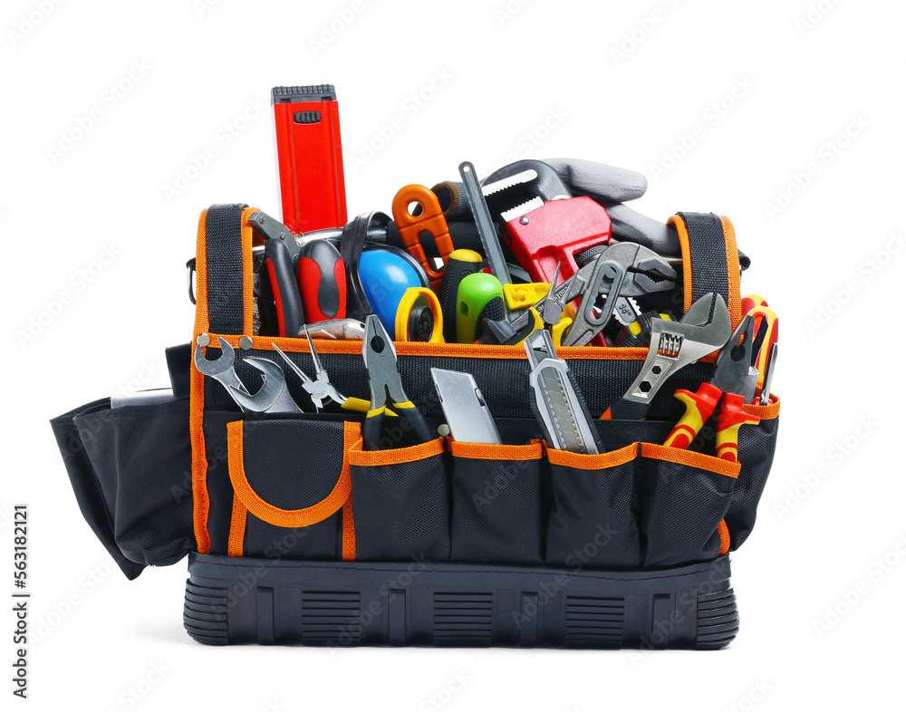 Bag with different tools isolated on white