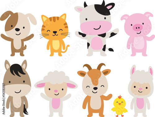 Cute farm animals in standing position vector illustration. The set includes a cow, pig, horse, sheep, goat, llama, chicken, dog, and cat.