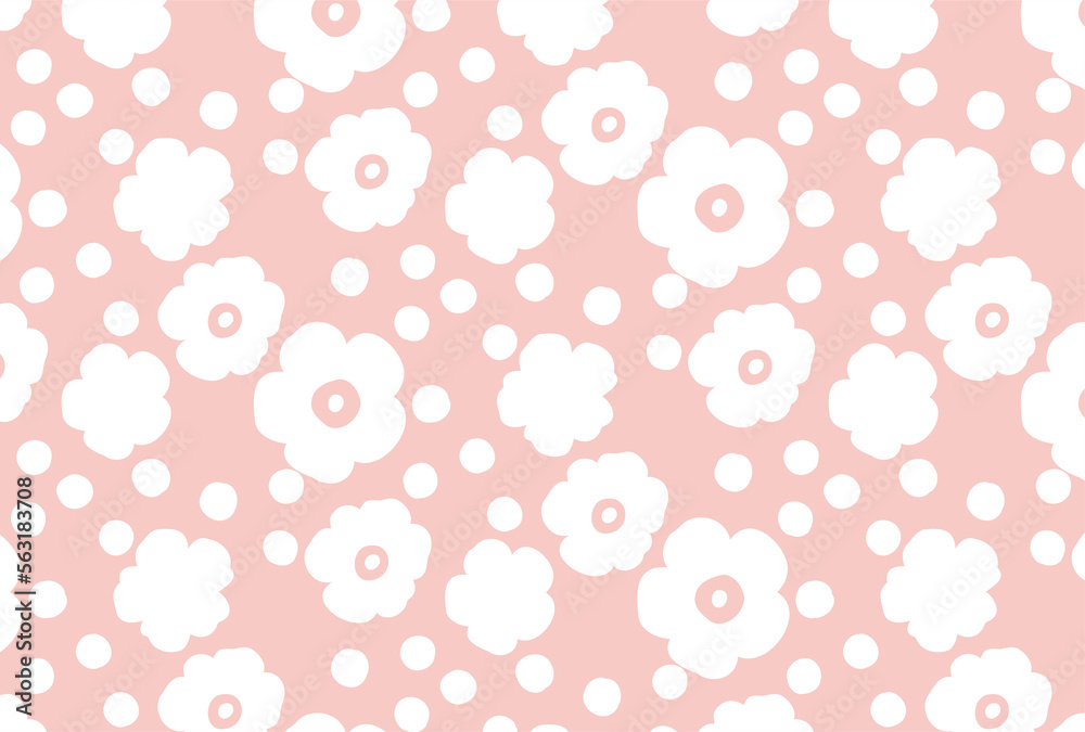 ナチュラルな白の花柄と水玉のピンクの壁紙
