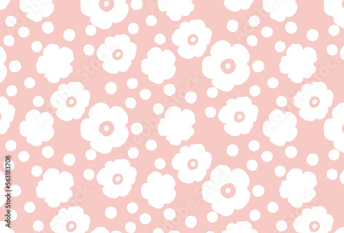 ナチュラルな白の花柄と水玉のピンクの壁紙 