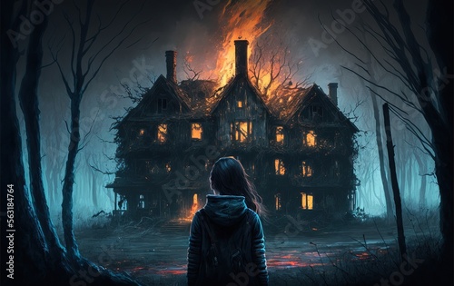 illustration numérique, personnage féminin de dos devant une maison en feu et flammes, centré, ambiance d'horreur et dramatique