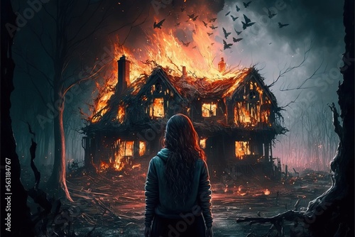 illustration numérique, personnage féminin de dos devant une maison en feu et flammes, centré, ambiance d'horreur et dramatique photo