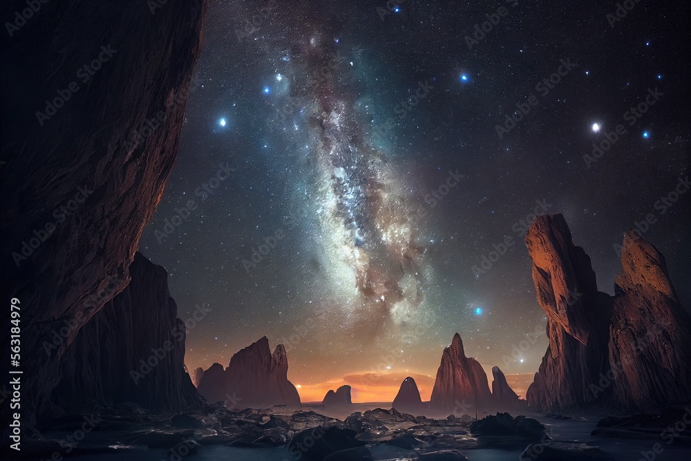 illustration de paysage rocheux avec un ciel étoilé avec nébuleuse galactique colorée  - obrazy, fototapety, plakaty 
