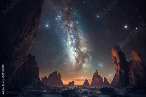 Photographie illustration de paysage rocheux avec un ciel étoilé avec nébuleuse galactique co