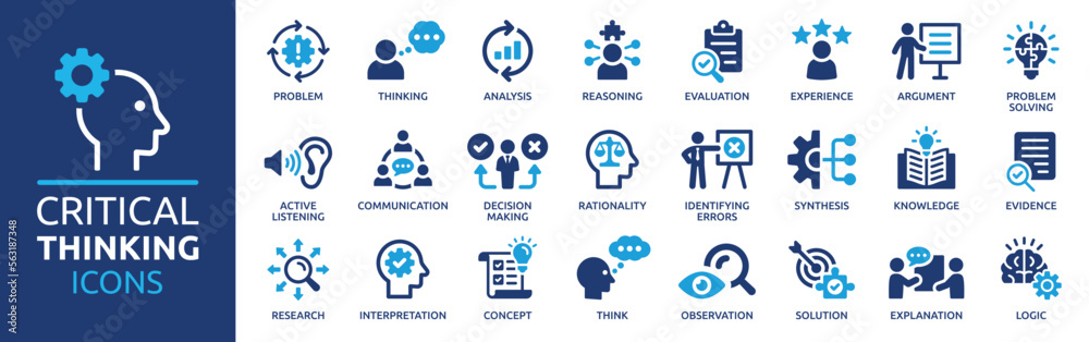 Critical thinking icon set. Containing think, problem-solving, analysis, reasoning, evaluation, experience, research, logic and listening icons. Solid icon collection. - obrazy, fototapety, plakaty 