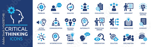Critical thinking icon set. Containing think, problem-solving, analysis, reasoning, evaluation, experience, research, logic and listening icons. Solid icon collection.