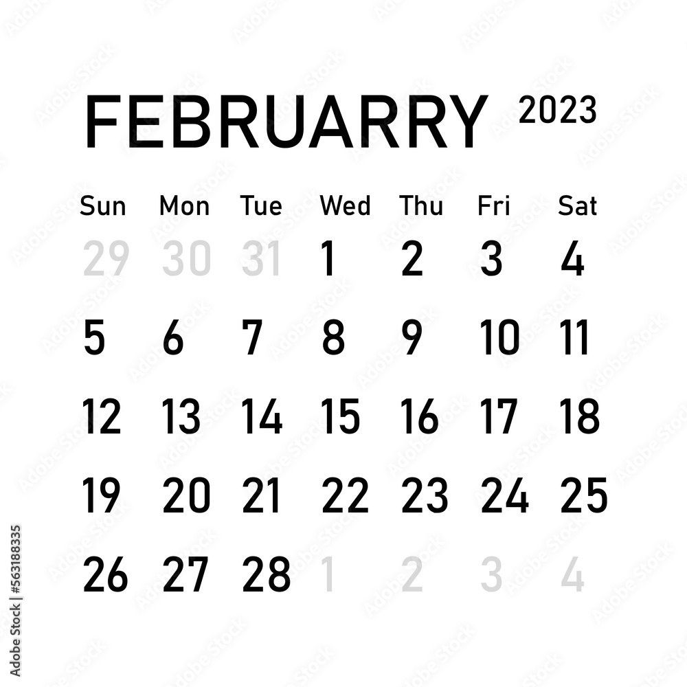 Classic Monthly Calendar For 2023. Calendar In The Style Of Minimalist  Square Shape. 2023 Mockup. Classic Simple Minimal Design. Black Numbers On  White Background. Februarry Stock Vector | Adobe Stock