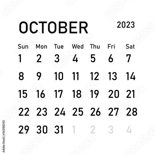 Classic monthly calendar for 2023. Calendar in the style of minimalist square shape. 2023 mockup. Classic simple minimal design. Black numbers on white background. October