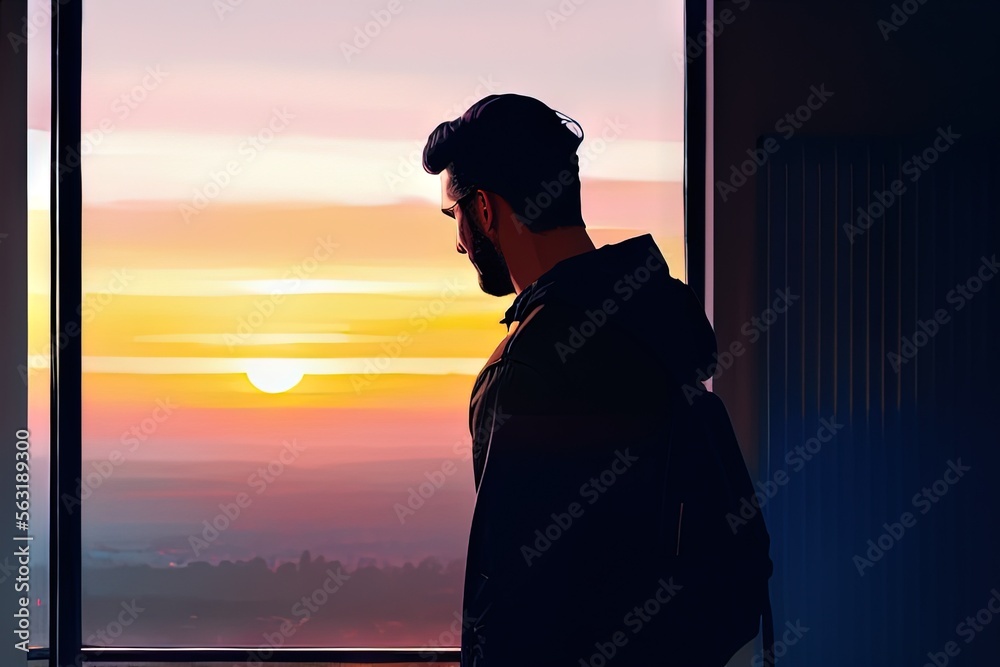 Fototapeta premium Handsome Man Watching Sunset From High Apartment Window.generative Ai.