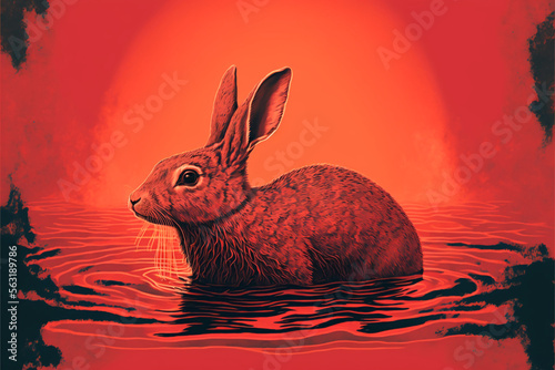 Water rabbit with red background color. Cartoon. Illustration. Generative AI