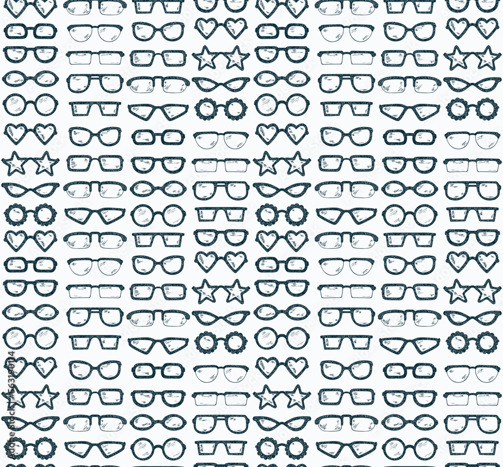 Fototapeta premium Fashionable accessories. Hand Drawn Doodle Glasses Seamless pattern. Different shapes sunglasses, eyeglasses - Black and white Vector illustration
