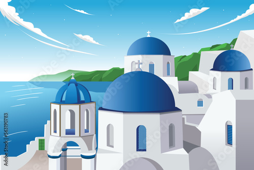 Santorini Greece Travel Vector Illustration. Tour and Travel Graphic design for banners and flyer