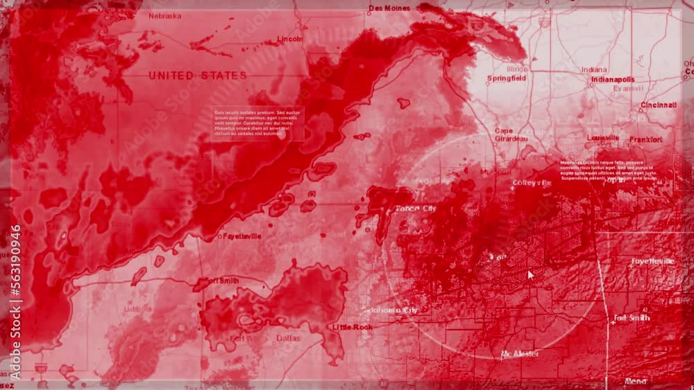 Weather Alert Template. Weather radar, Wind, Critic Flow Patterns And Tropical Cyclone Tracks on Horizontal Red Background. Alert Notification Concept with Different UI Elements HUD. US map Weather Alert Template. Weather radar, Wind, Critic Flow Patterns And Tropical Cyclone Tracks on Horizontal Red Background. Alert Notification Concept with Different UI Elements HUD. US map