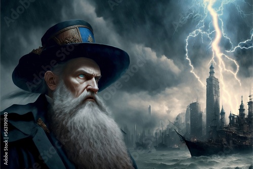 Nostradamus future about end times in background of New York, lightning and boats. photo
