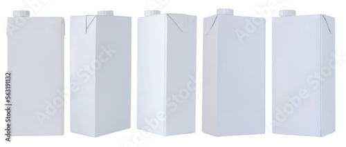 Set of milk or juice packages made of white carton paper in various angle, Mock up template design isolated on white