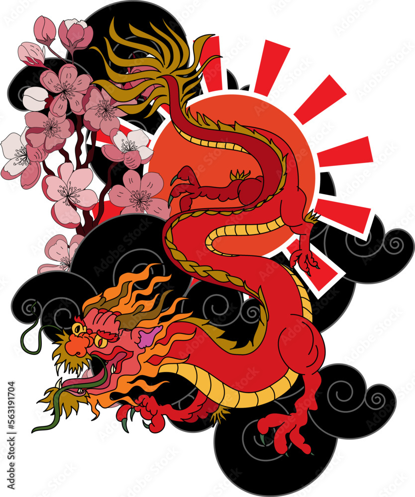 Japanese red dragon tattoo.Chinese Dragon with sakura flower on cloud and rising sun.