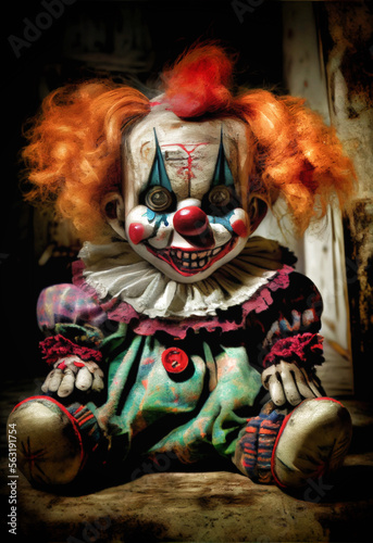 Generative AI abstract render of an evil clown doll