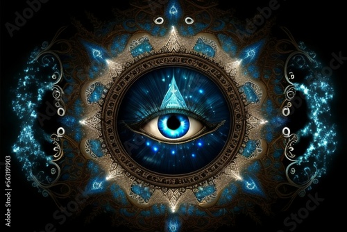 3rd eye activating symbol with mandala fractals and stars.