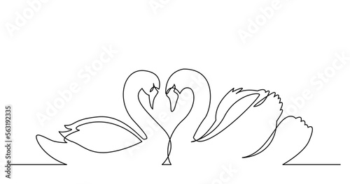continuous line drawing vector illustration with FULLY EDITABLE STROKE of of two beautiful swans glidingtogether