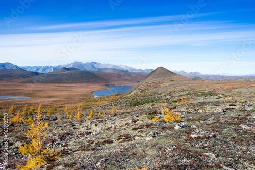 Far East of Russia, Magadan region, Susumansky district, lake Malyk..Surroundings of the mountain lake Malyk in the north of the Far East is located five hundred kilometers from the city of Magadan.