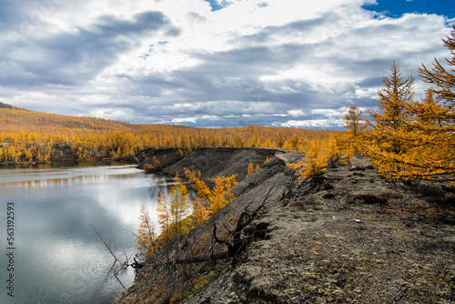 Far East of Russia, Magadan region, Susumansky district, lake Malyk..Surroundings of the mountain lake Malyk in the north of the Far East is located five hundred kilometers from the city of Magadan.