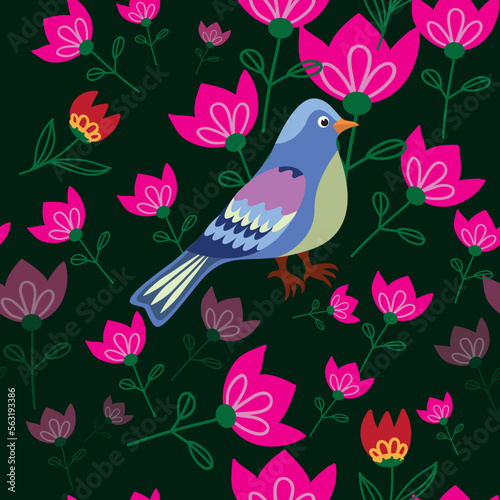 Seamless pattern with bird and flowers. Vector file for designs.