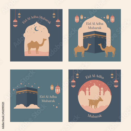 Flat design of Eid Al Adha Mubarak theme greeting and kaaba social media post square size collection vector stock