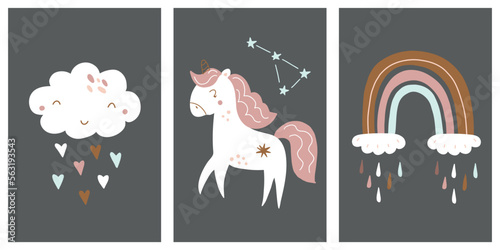 Vector collection of children's wall art. Cute hand drawn design with cloud, rainbow and unicorn for nursery decoration and textile.